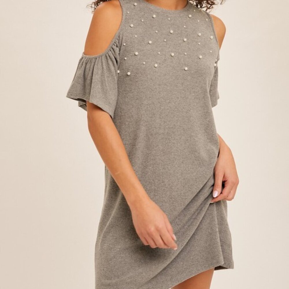 HEM & THREAD Grey Cold Shoulder Pearl Embellished Dress Casual Chic Boutique